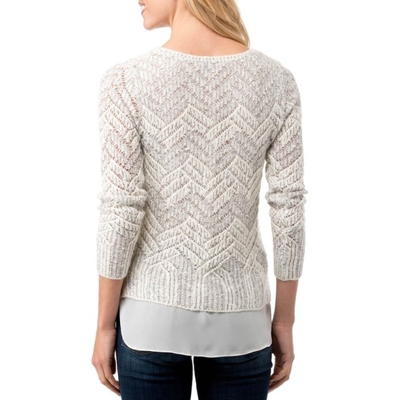 LUCKY BRAND Chevron Metallic Ivory Knit Layered Chiffon Wool Cotton Sweater XS - Picture 6 of 9